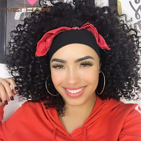 

lady short bandage headband kinky curly wig, Black;brown