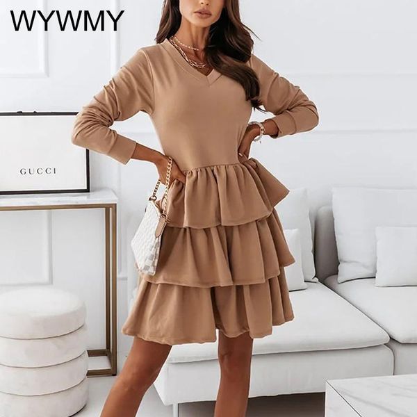 

casual dresses wywmy autumn butterfly long sleeve pleated dress women v-neck elegant solid color party short vestidos, Black;gray