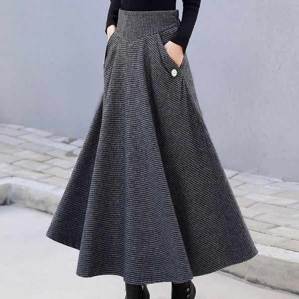 

spring autumn women casual pathwork panelled plaid empire waist over knee loose woollen pleated skirt 8y665 210510, Black