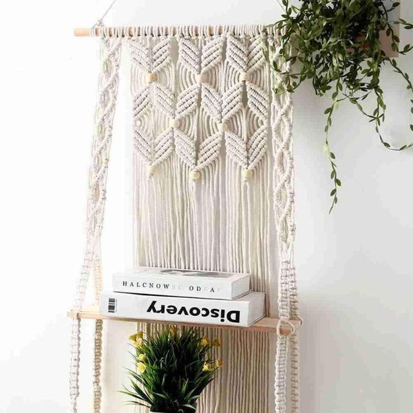 

tapestries 2 layers rack tapestry shelves home room decor hand-woven wall handmade beech planter basket rope hanging and cotton materi o3m6