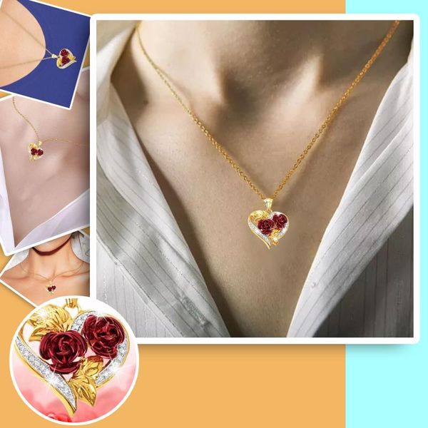 

pendant necklaces french elegant style golden heart-shaped twin rose crystal necklace female link chain all-match jewelry 21629, Silver