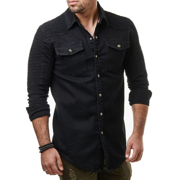 

designs brand fashion jeans shirt long-sleeves washable cowboy shirt pocket decoration mens dress shirts slim men shirt style to, White;black