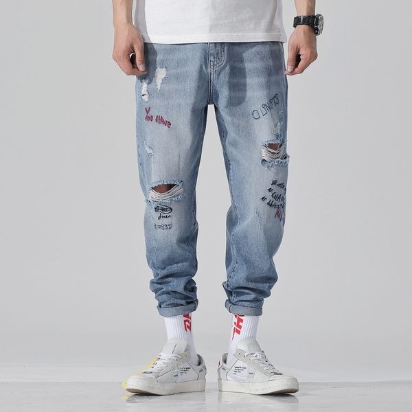 

new jeans in spring and summer of 2019 loose fitting straight overalls pure cotton perforated letter embroidery men's harem pants, Blue
