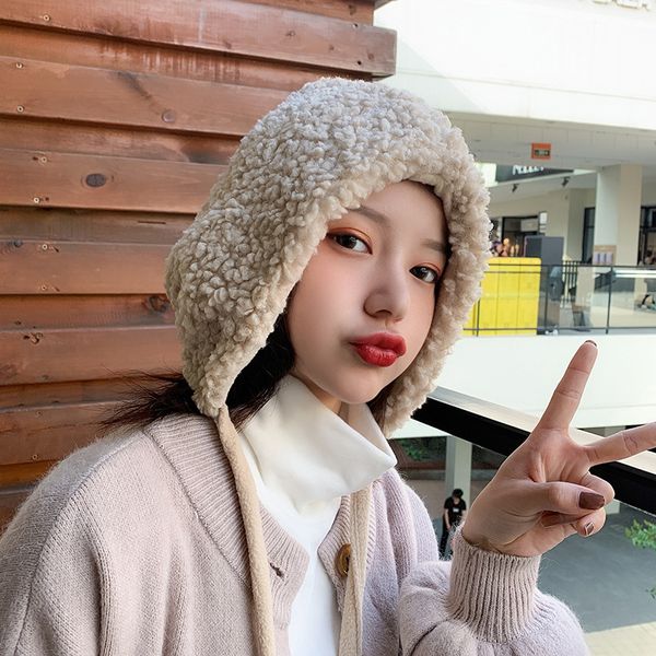 

lace up plush autumn winter warm children's casual skiing with plush ear protection hat, Black;white