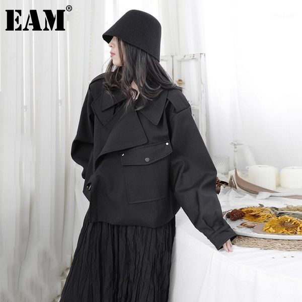 

[eam] loose fit big size pockets jacket notched collar long sleeve women coat fashion tide autumn winter 2021 1dd3822 women's jackets, Black;brown