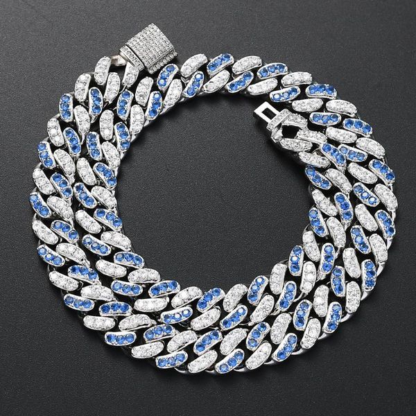 

chains 12mm two-tone prong link necklace in blue/white gold iced micro pave cubic zirconia hip hop personalized jewelry for men, Silver