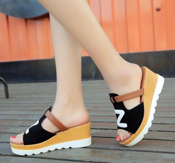 

slippers spring wedge muffin bottom female sandals a word drag and high-heeled non-slip thick-soled suede letters, Black