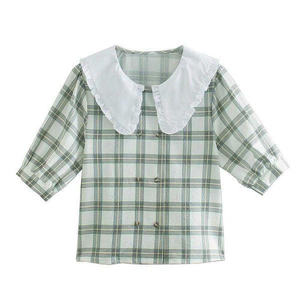 

women plaid shirt spring fashion white collar double breasted modern lady short sleeve blouse 210602