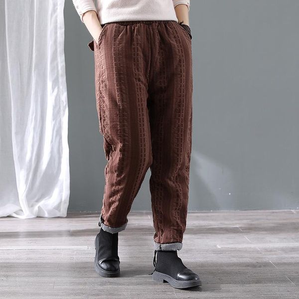 

women's pants & capris thick cotton linen women 2021 winter solid color harem stripe elastic waist casual loose trousers, Black;white