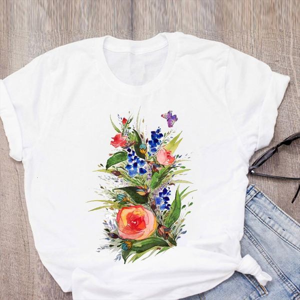 

graphic watercolor clothes flower women print elegant summer clothing tees female, White