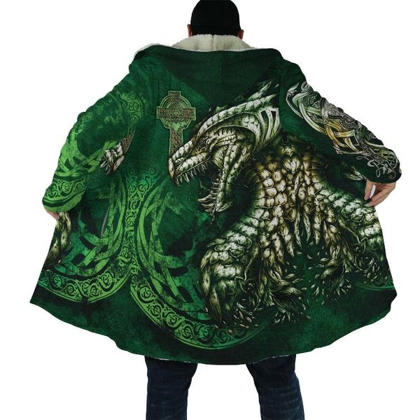 

men's wool & blends winter fashion mens hooded cloak viking tattoo dragon 3d printing thick fleece wind breaker casual warm hood dp03, Black