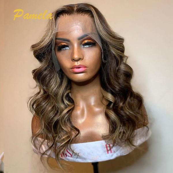 

highlight wig human hair 13x6 loose wave pre plucked with baby brown lace front bleached knots 150% density wigs, Black;brown