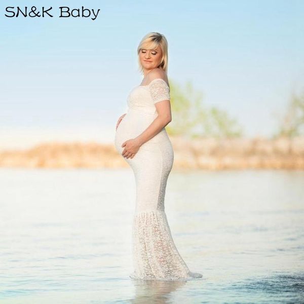 

maternity dresses 2021 summer pregnant women v-neck long sleeve lace perspective tight tailed dress, White
