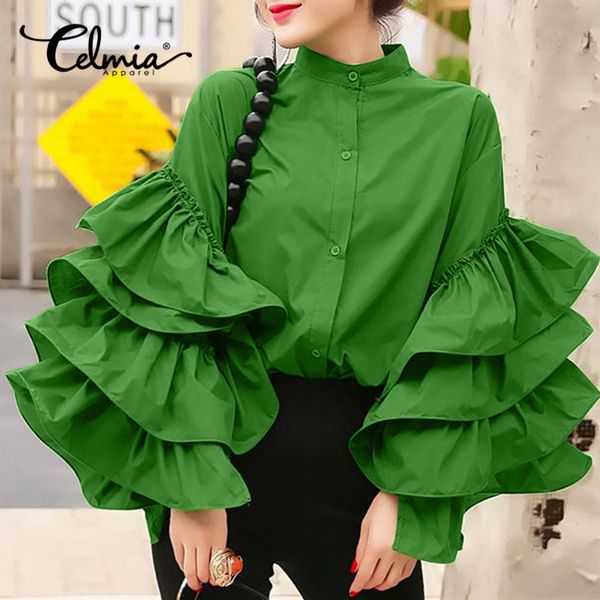 

celmia stylish big flare sleeve shirts women ruffled shirt 2021 autumn casual long sleeve o-neck buttons elegant blusas 5xl, White