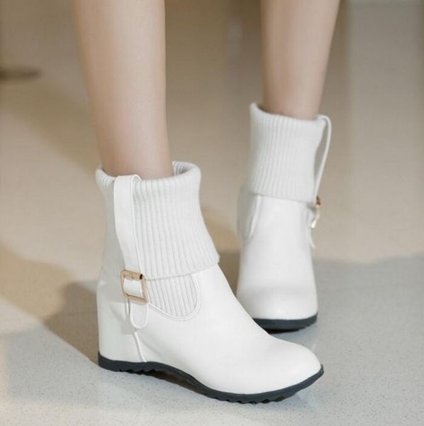 

boots shoes woman laides plus size 22-62 zapatos mujer winter fashion girls buckle women pumps height increasing ankle g61166, Black