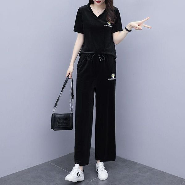 

women's tracksuits summer short sleeve thicken fashion o neck causal floral 2021 2 piece set casual sport velvet suit women tracksuit w, Gray