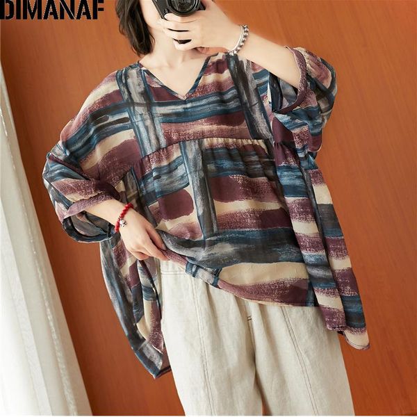 

women's blouses & shirts dimanaf plus size blouse women clothing lady tunic long sleeve vintage striped print casual loose oversize 5x, White