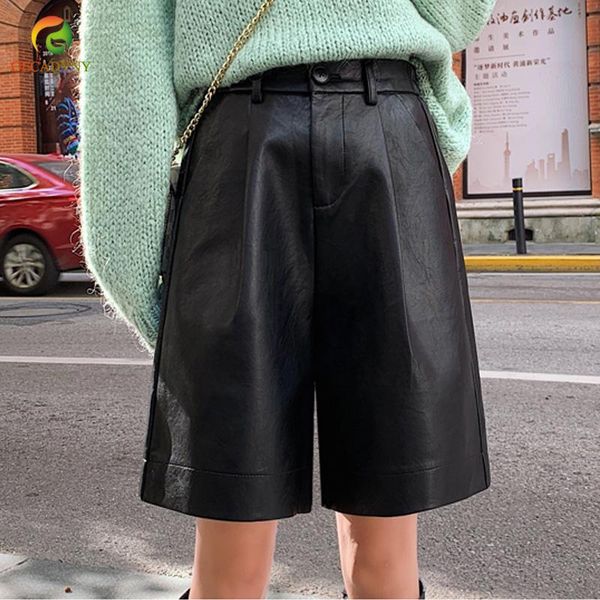 

women's shorts autumn winter women pu leather ladies elastic high waist pocket casual loose solid chic pantalone cortos zipper, White;black