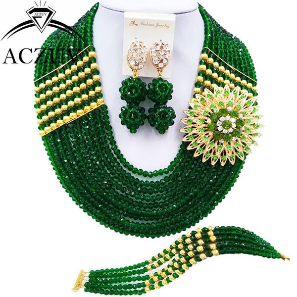 

earrings & necklace aczuv 10 rows dark green crystal fashion african costume jewelry set nigerian wedding beads party sets 10lbjz007, Silver