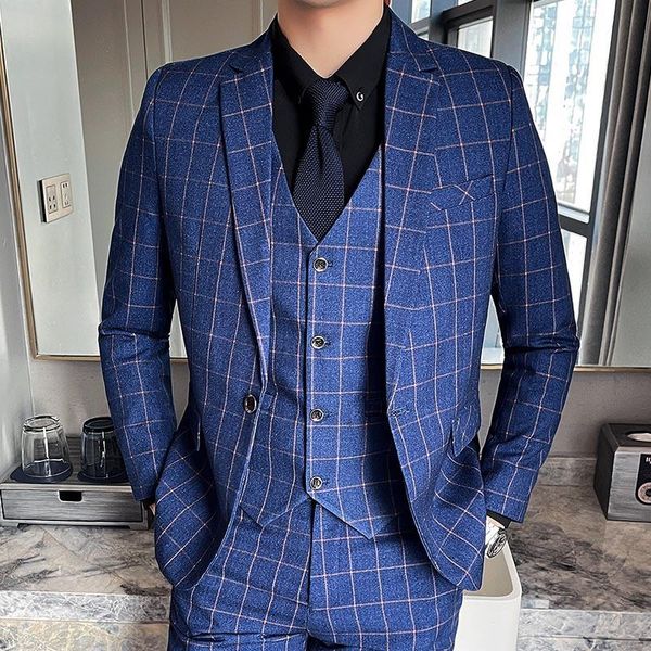 

men's suits & blazers 3 pcs set jacket pants vest / 2021 fashion casual boutique business slim fit wedding plaid formal dress coat, White;black