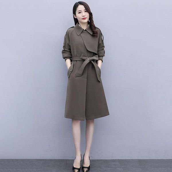 

women's trench coats 2021 autumn women aoat simple fashion casual temperament lapel cloth belt waist middle length windbreaker coat fem, Tan;black