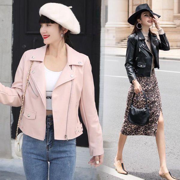 

women's leather & faux and thin coat female autumn winter fried street high sense versatile short motorcycle suit pu jacket, Black