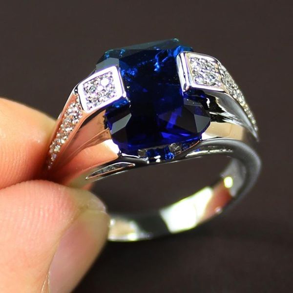 

delicate male 925 silver rings for women cubic zirconia blue stone ring men index finger vintage fine jewelry cluster, Golden;silver