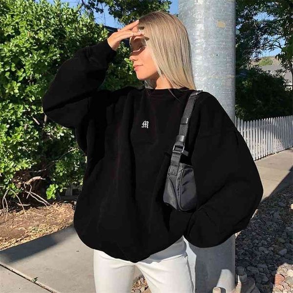 

winter streetwear women clothes plus long sleeve oversize hoodie embroidery m pullovers harajuku sweatshirt 210803, Black