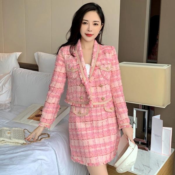 

women's tracksuits autumn winter small fragrance suit pink plaid tassel tweed lapel long sleeve jacket coat + mini skirt two piece set, Gray