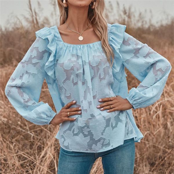 

women's blouses & shirts solid square neck women shirt casual spring summer long-sleeved ruffled female loose elegant office lady blou, White