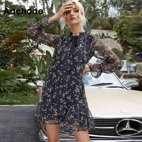 

aachoae women ruffle bow tie mini floral print dress vintage long sleeve casual loose pleated dress ruffles party dress vestidos 210401, Black;gray