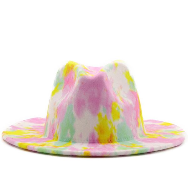 

wide brim hats colorful tie dye wool fedora hat women gentleman elegant fashion street cap ladies casual magazine cover, Blue;gray