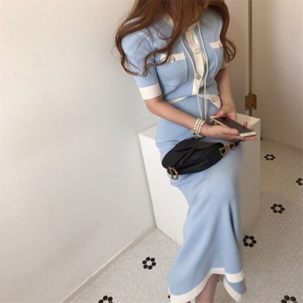 

fashion korean elegant knitted 2 pieces sets hit color single breasted short sleeve o-neck + high waist long skirt 210519, White
