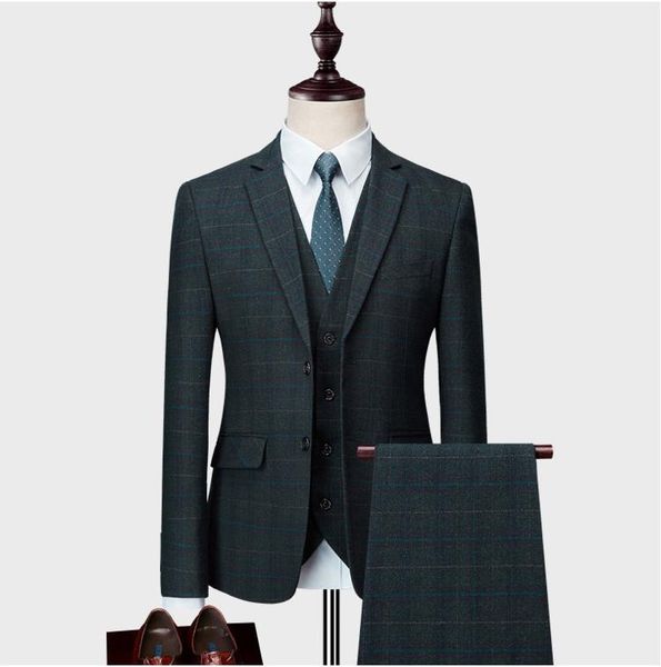 

jackets+ pant+ vest)2021men's slim fit 3 piece suits single breasted plaid blazer size green khaki blue dress weddingume homme men&#039, White;black