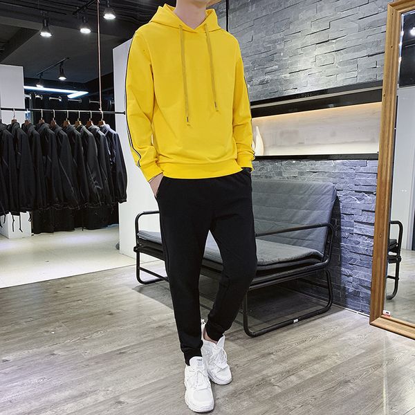 

suit 2021 casual sweater men's pullover hooded spring and autumn two-piece set, Black