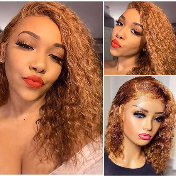 

lace wigs ginger bob wig orange t part front human hair 180% remy curly water wave glueless preplucked with baby, Black;brown