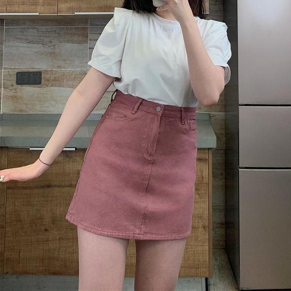 

skirts 2021 summer fat beauty high waist slim hip a-line mini demin skirt women's fashion design -sale leisure pure color casual, Black