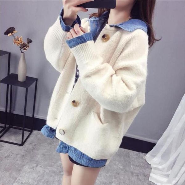

women's jackets denim stitching coats autumn winter female sweater coat cowgirl fake two-piece knit cardigan women loose parkas, Black;brown