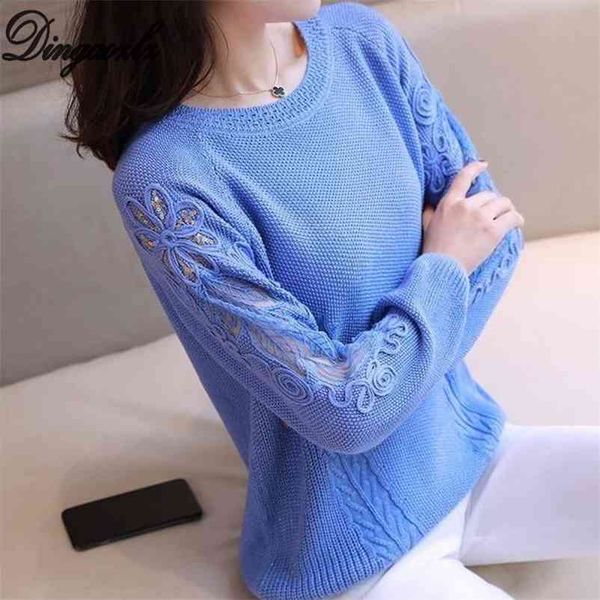 

dingaozlz pullover women's sweaters autumn winter o-neck long-sleeved knitted shirt patchwork embroidery lace 210517, White;black