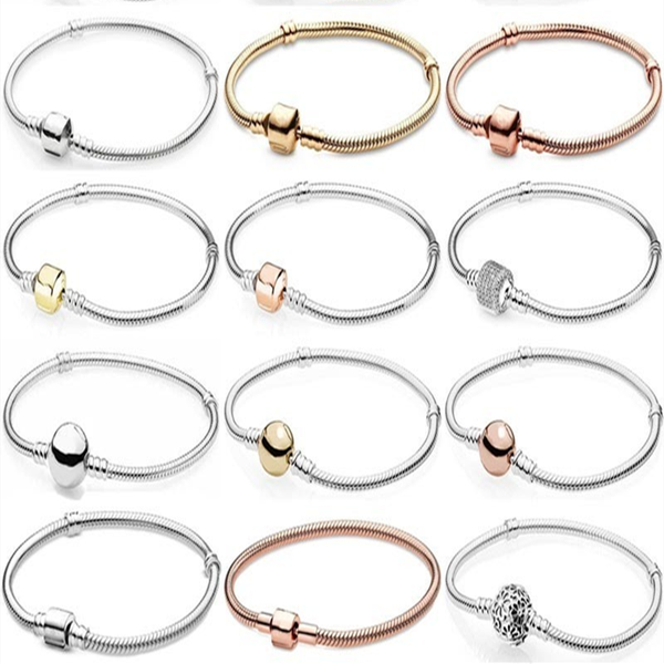 

fashion beads& pave crystal ball & barrel clasp snake chain bracelet fit bangle 925 sterling silver charm diy jewelry gift, Black