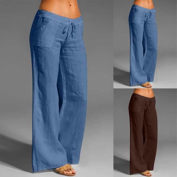 

women's pants & capris 2021 women elastic waist wide leg pantalon cotton plus size female streetwear long trousers casual vintage linen, Black;white