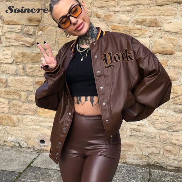 

women's jackets letter embroidery pu leather varsity women 2021 autumn winter fashion oversized baseball bombe coat brown loose casual, Black;brown