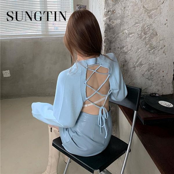 

sungtin korean autumn backless pullover sweater women lace up female party club soft knitted short jumper jersey mujer women's swe, White;black