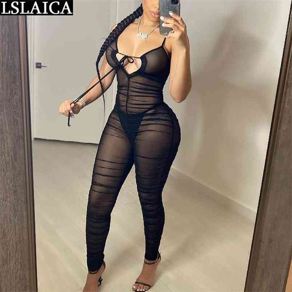 

sale women clothing solid color mesh see through bodycon jumpsuit ruched drawstring high waist party 210515, Black;white