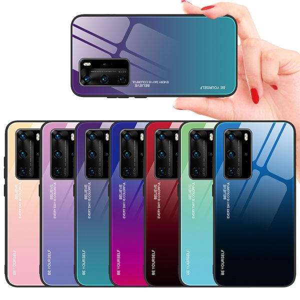 Bunte Farbverlaufs-Handyhüllen für Huawei P40 Pro P30 Lite P20 Plus Nova4E Y7P Y7A P Smart 2021, gehärtetes Glas, Schutzhülle