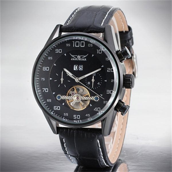 

watches jaragar fashion men mechanical simple casual hollow creative design leather band with calendar watch, Slivery;brown