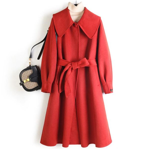 

women's wool & blends adjustable retro womens blend waist turn-down collar a-line belt women long coats and jackets 2021 winter, Black