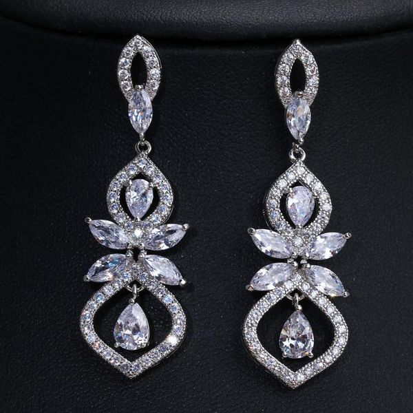 

dangle & chandelier ekopdee vintage flower cubic zirconia earrings women geometric trendy female cz crystal drop bridal wedding jewelry, Silver