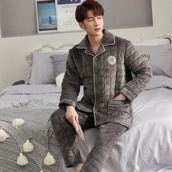 

men's sleepwear men pajamas set winter three layers padded flannel pijama plus size 3xl coral fleece thick pyjamas, Black;brown