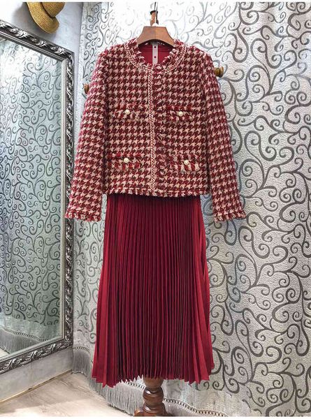 

skirt designer clothing autumn winter suit women vintage print wool coat jacket+mid-calf pleated skirt sets 2pc, White